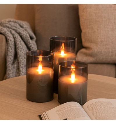 LED Stompkaarsen set in rookglas Ø7,5cm, 3 stuks, vlameffect - Incl. afstandsbediening en timer, 10/12,5/15cm hoog, echte was