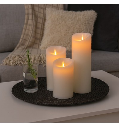 LED Kaarsen XL, 3 stuks, Ø10cm, 17,5/22,5/30cm, bewegende vlam, wit - Incl. afstandsbediening en timer, echte was