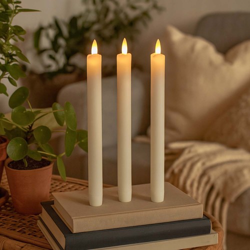 3-pak witte LED kaarsen, vlameffect - Ø2,2cm, Hoogte: 24,5cm, kroonkaarsen, incl. afstandsbediening, timer