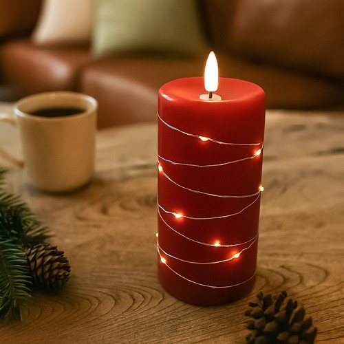 LED Stompkaars met lichtsnoer, 15cm hoog, vlameffect - Ø7,5cm, werkt m. afstandsbediening, echte was, rood