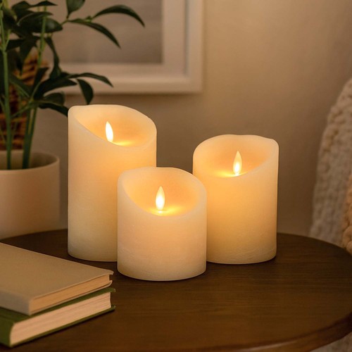 LED Stompkaarsen Ø10cm, 3 stuks, bewegende vlam, wit - Incl. afstandsbediening en timer, 10/12,5/15cm hoog, echte was