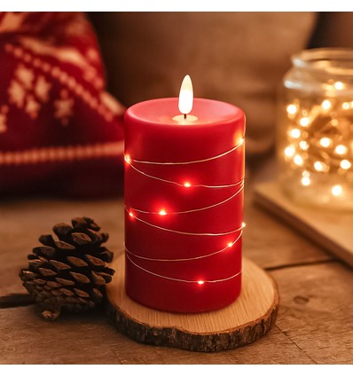 LED kaars met lichtsnoer, 12,5cm, vlam-effect - Ø7,5cm, rood