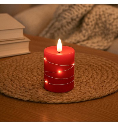 LED kaars met lichtsnoer, 10cm, vlam-effect - Ø7,5cm, rood
