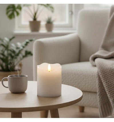 LED Stompkaars 10cm hoog, vlameffect, wit - Ø7,5cm, 10cm hoog, werkt met afstandsbediening, timer, echte was