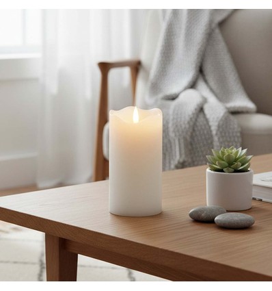 LED Stompkaars 15cm hoog, vlameffect, wit - Ø7,5cm, 15cm hoog, werkt met afstandsbediening, timer, echte was