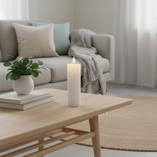 LED blokkaars 15 cm hoog, vlam effect, wit - Ø5 cm, werkt met afstandsbediening, timer, echte was