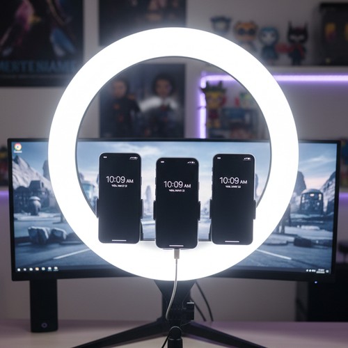 LED Ringlamp met statief - 55W, Ø44cm, 3 telefoonhouders, afstandsbediening, 3200K-5800K