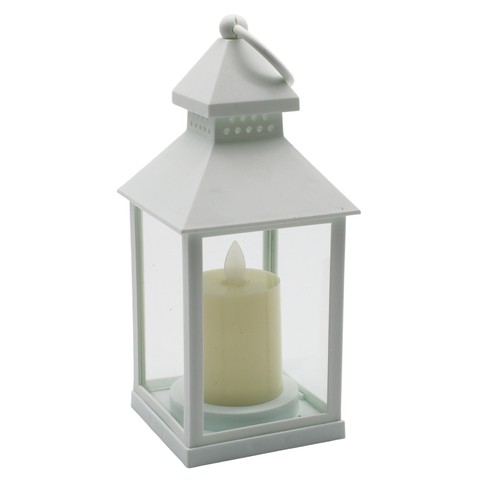 LED lantaarn met vlam-effect - Wit, vierkant, batterij, IP54 binnen/buiten