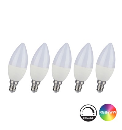 5 stuks RGB+CW E14 lamp - RF afstandsbediening, dimbaar