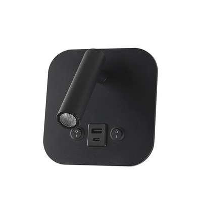 8W LED bed-wandlamp met USB-oplader - Zwart, 3000K, CREE chip, USB-A en USB-C