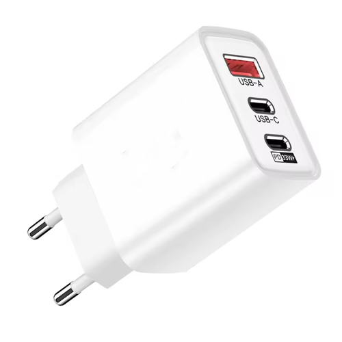 3-poorts USB oplader 65W - Wit, USB-C+USB-A, perfect voor mobiel en lampen