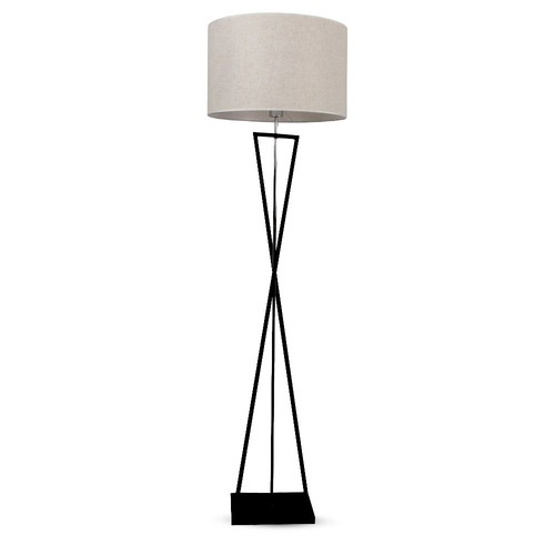 Designer vloerlamp E27 - ronde ivoorkleurige lampenkap, zwarte metalen voet