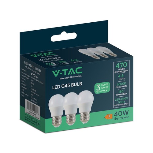 3 st. E27 4,5W LED kogellampen - G45, 4000K, wit glas, 3-pack