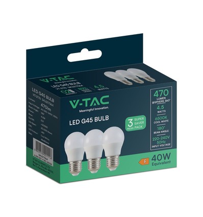 3 st. E27 4,5W LED kogellampen - G45, 4000K, wit glas, 3-pack