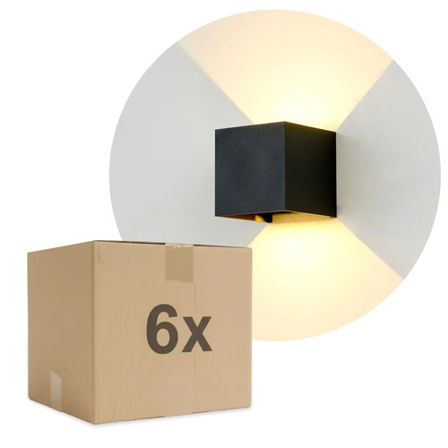 6 st. 6W CUBIC PRO wandlamp - IP65, zwart, doorlusbaar, verstelbaar, vierkant, op/neer, binnen/buiten, incl. lichtbron