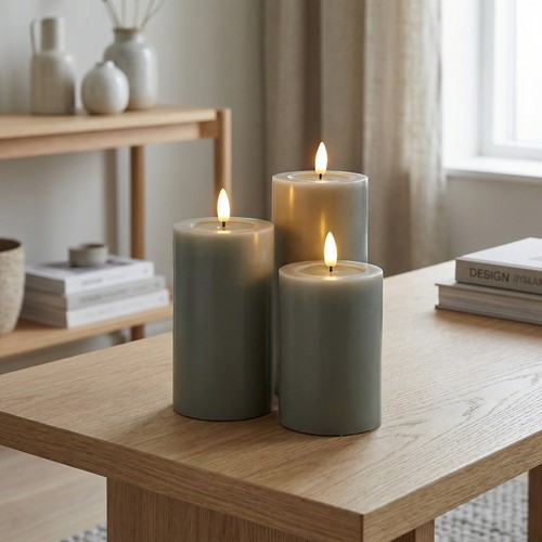 Set van 3 stuks LED-stompkaarsen, groen - Ø7,5cm, 10/12,5/15cm hoog, werkt m. afstandsbediening, timer, echte was