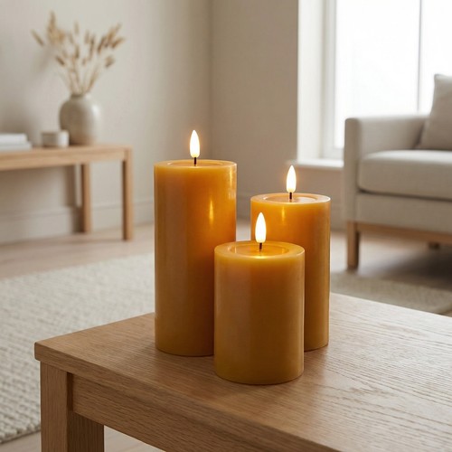 Set van 3 stuks LED-stompkaarsen, bruin - Ø7,5cm, 10/12,5/15cm hoog, werkt met afstandsbediening, timer, echte was