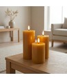 Set van 3 stuks LED-stompkaarsen, bruin - Ø7,5cm, 10/12,5/15cm hoog, werkt met afstandsbediening, timer, echte was