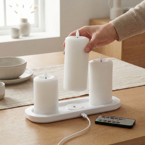 3-pack witte LED stompkaarsen, vlam effect - Ø2,2cm, Hoogte: 24,5cm, kroonkaarsen, incl. afstandsbediening, timer