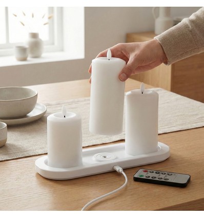 3-pack witte LED stompkaarsen incl. oplaadstation - Ø7,5cm, 10/12,5/15 cm hoog, incl. afst.bed., timer