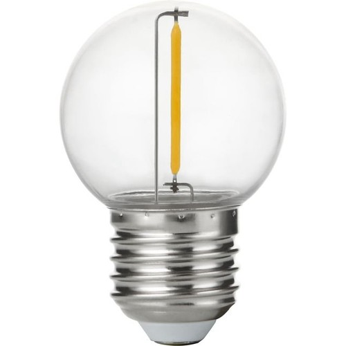 E27 1W LED kogellamp - G45, filament, helder, onbreekbaar polycarbonaat, 2700K