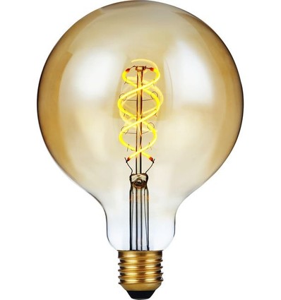 E27 5W dimbare LED filamentlamp - G125, Double Helix, 300lm, 2000K, goud glas