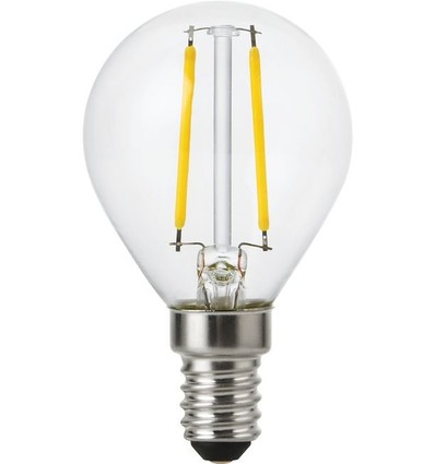 E14 2W dimbare LED kogellamp - G45, filament, helder glas, 2700K