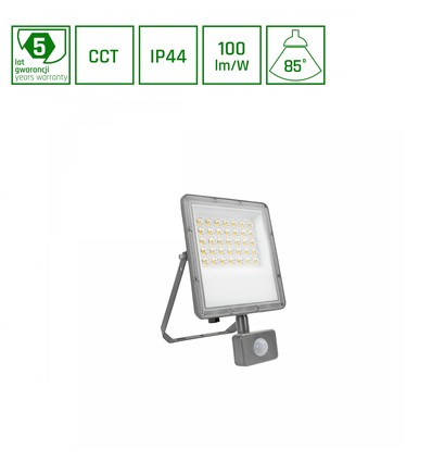 30W NOCTIS MAX breedstraler met PIR-sensor - IP44, CCT, grijs