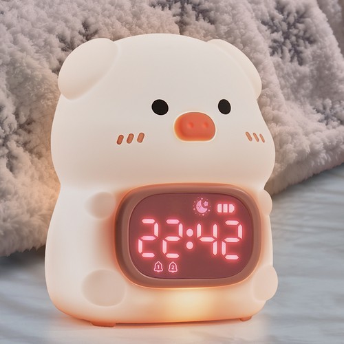 MOCHI Varken nachtlamp met klok - Kleurwissel + warm wit, Siliconen, touch dimbaar, IP20 binnen
