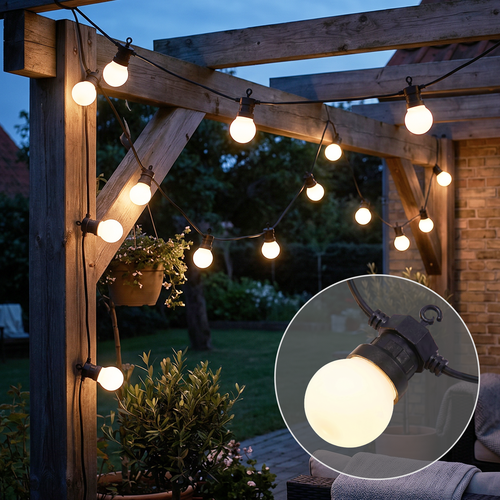 5m LED-lichtsnoer met 10 lampen - Warm wit, IP44, 230V, 0,5W lampen