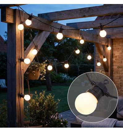 5m LED-lichtsnoer met 10 lampen - Warm wit, IP44, 230V, 0,5W lampen