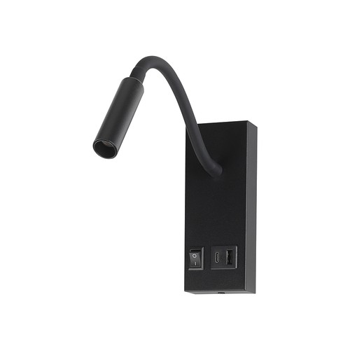 3W LED bedlamp met USB-A en USB-C oplaadpoort - CREE chip, zwart, incl. lichtbron