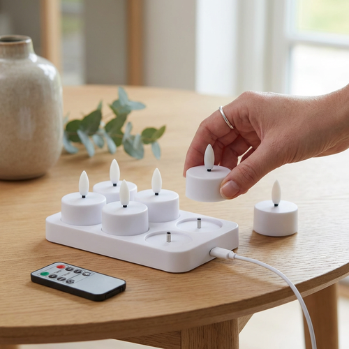 6-pack witte LED-theelichtjes incl. oplaadstation - Incl. afstandsbediening, timer