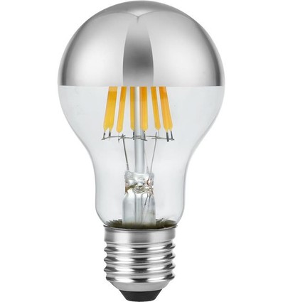 E27 6,5W dimbare LED kogelamp - Kopspiegel zilver, A60, filament, 2500K, zilveren afwerking