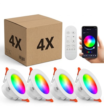 4 stuks RGB+CCT Smart Home downlight - 5W LED, Bluetooth, Google Home & Alexa