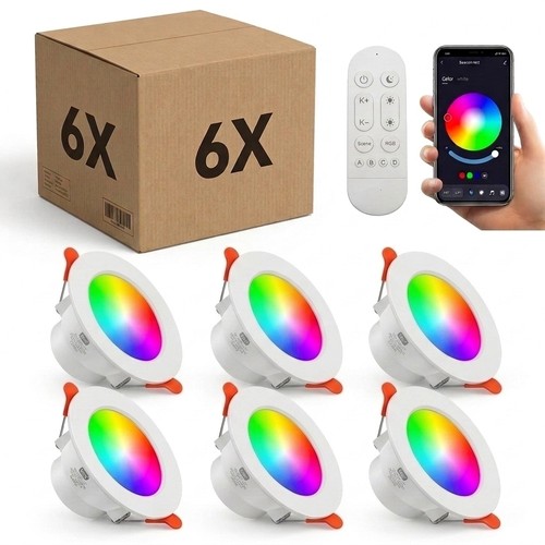 6 st. RGB+CCT Smart Home downlight - 5W LED, Bluetooth, afstandsbediening, werkt met Google Home en Alexa