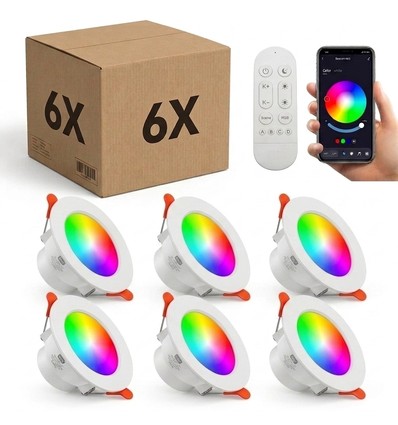 6 st. RGB+CCT Smart Home downlight - 5W LED, Bluetooth, afstandsbediening, werkt met Google Home en Alexa