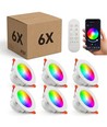 6 st. RGB+CCT Smart Home downlight - 5W LED, Bluetooth, afstandsbediening, werkt met Google Home en Alexa