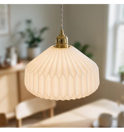 Keramische E27 hanglamp - Geplooid, wit/messing, 2m snoer, Ø27x23cm, zonder lichtbron