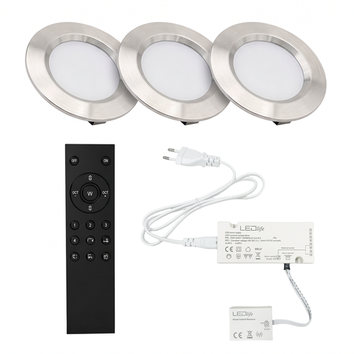 3x Reco68 Meubelspot dimbaar, Geborsteld staal - Kies RF/WiFi/Zigbee voeding (afstandsbediening incl.)