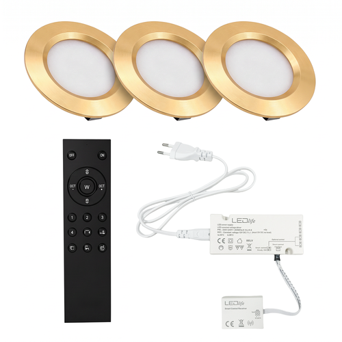3x Reco68 Meubelspot dimbaar, Goud - Kies RF/WiFi/Zigbee voeding (afstandsbediening incl.)