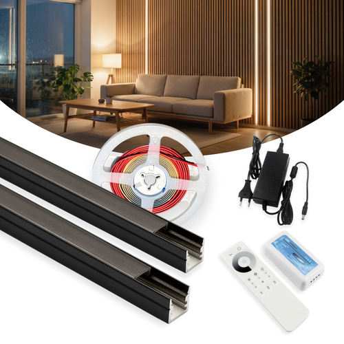 240cm LED Akoestisch Paneel Set, zwart - 2 stuks Eenkleurige LED strips (240cm) met 78W voeding - WiFi of RF