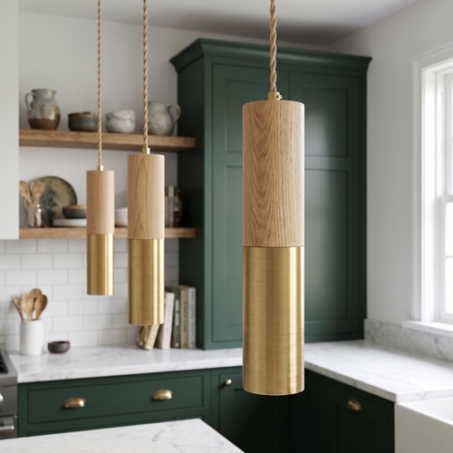 MALM E14 cilinder hanglamp goud/hout - 2m snoer, met rozet, zonder lichtbron