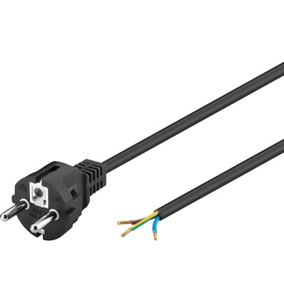 2 meter stroomkabel - 250V, IP20 binnen, Zwart, Schuko-stekker en adereindhulzen om te verbinden, 16A