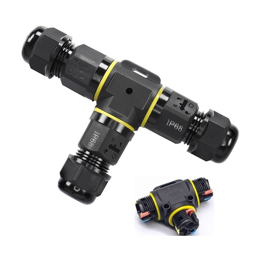 T-verdeeldoos met snelkoppeling - IP68 waterdicht, zwart, voor het verbinden van kabels, 3-aderig