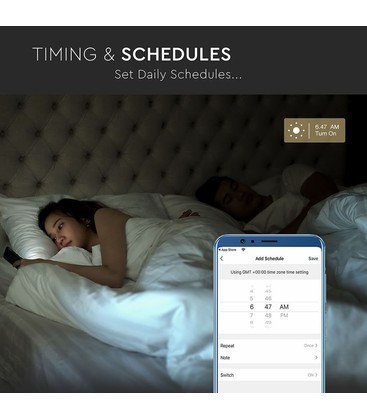 Sfeervolle smart home verlichting in een moderne woonkamer aangestuurd via een app.