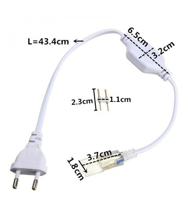 Afmetingen en aansluiting van een 230V LED-strip stekker met eindkap.