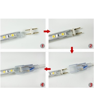 Installatievoorbeeld van een 230V LED-strip connector met afdichting.