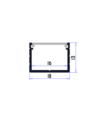 Technische tekening met binnenmaten van het 18x13 aluminium profiel voor IP65 en IP68 strips.