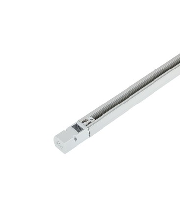 Een witte 3-fase rail van 1 meter, compleet met aansluiting en eindkap voor een basisverdeling in de ruimte.